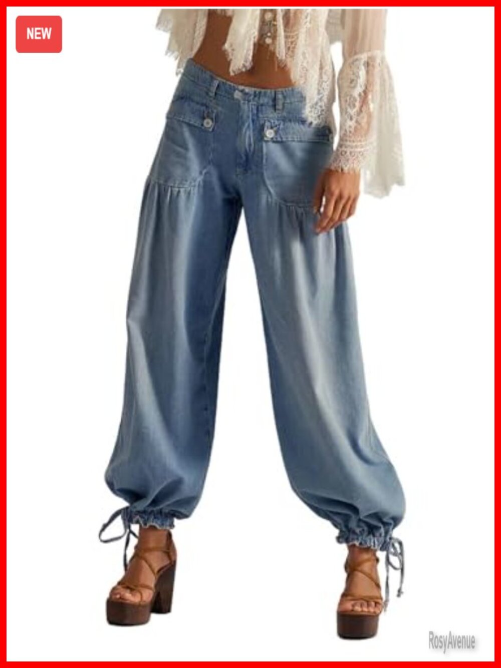 Womens Baggy Harem Jeans Low Rise Adjustable Ankle Tie Streetwear